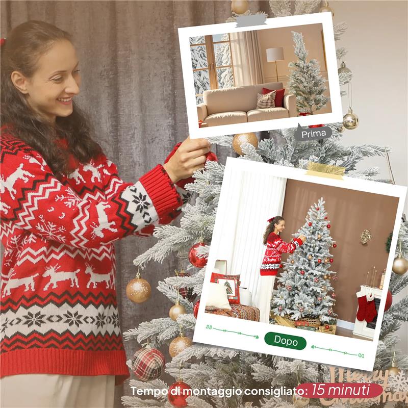 ALBERO DI NATALE INNEVATO ALTO 210 CM CON RAMI REALISTICI E BASE IN METALLO PIEGHEVOLE