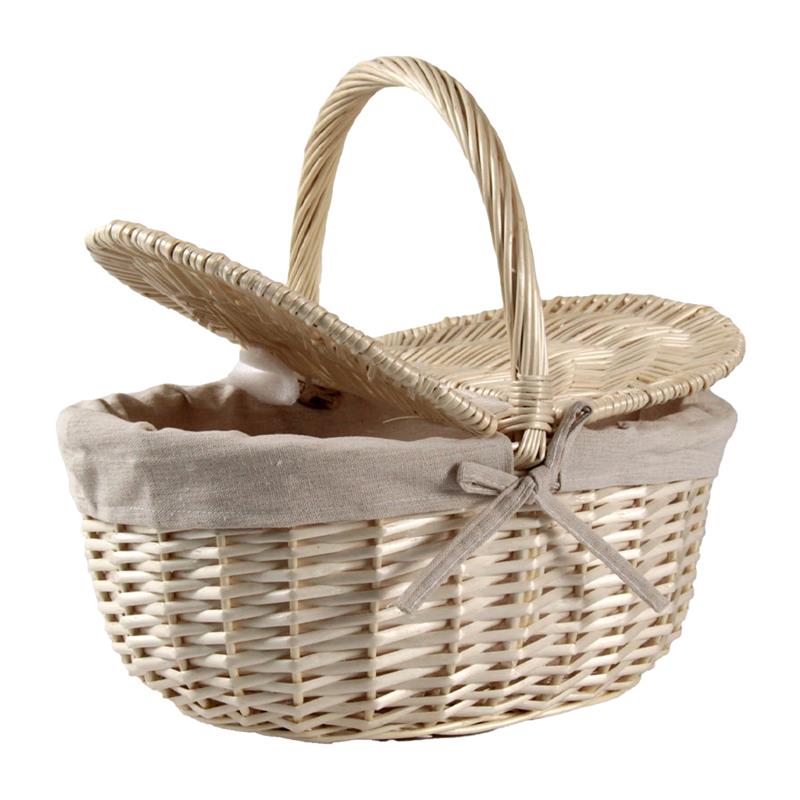 CESTINO DA PICNIC OVALE IN VIMINI CON FEDERA INTERNA IN TESSUTO E MANICO DIMENSIONE 36X25X16/32H CM