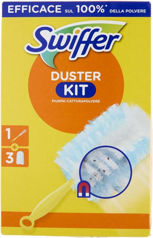 SWIFFER DUSTER KIT CATTURAPOLVERE REFILL CON MANICO E 3 PIUMINI EFFICACE SUL 100% DELLA POLVERE