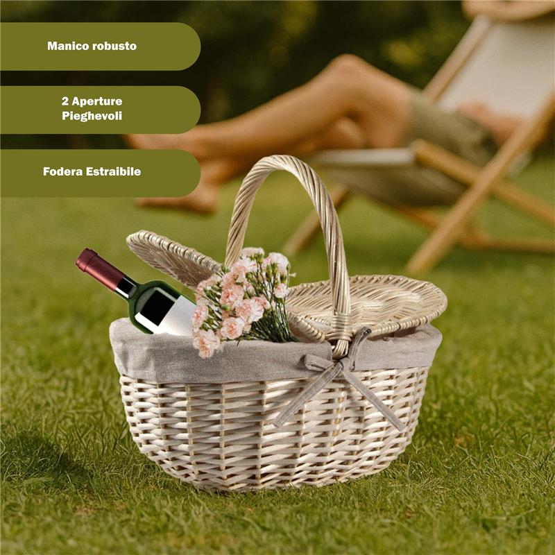 CESTINO DA PICNIC OVALE IN VIMINI CON FEDERA INTERNA IN TESSUTO E MANICO DIMENSIONE 36X25X16/32H CM
