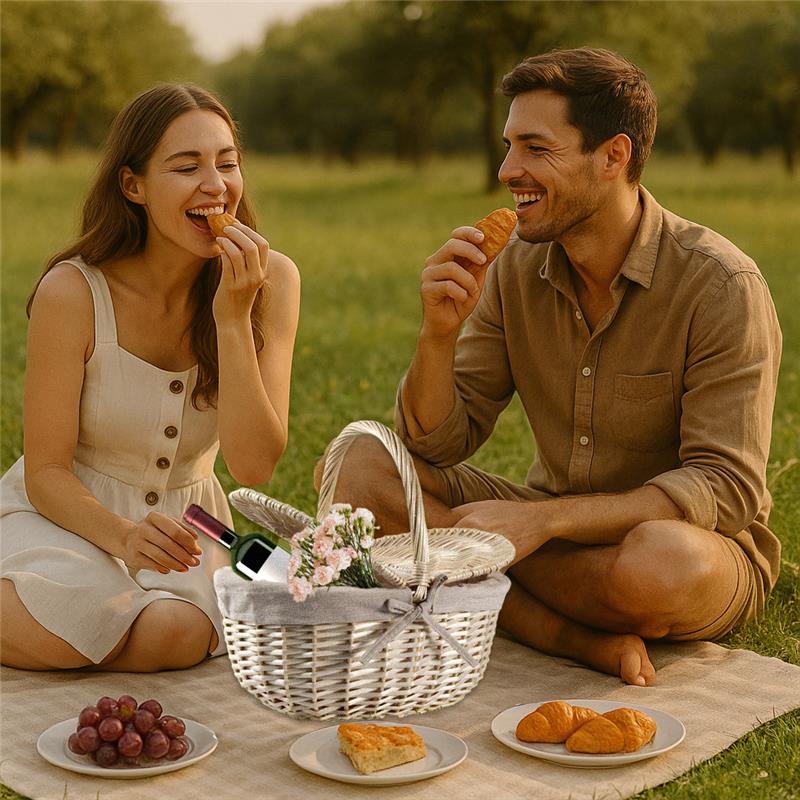 CESTINO DA PICNIC OVALE IN VIMINI CON FEDERA INTERNA IN TESSUTO E MANICO DIMENSIONE 36X25X16/32H CM