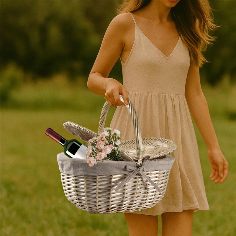 CESTINO DA PICNIC OVALE IN VIMINI CON FEDERA INTERNA IN TESSUTO E MANICO DIMENSIONE 36X25X16/32H CM