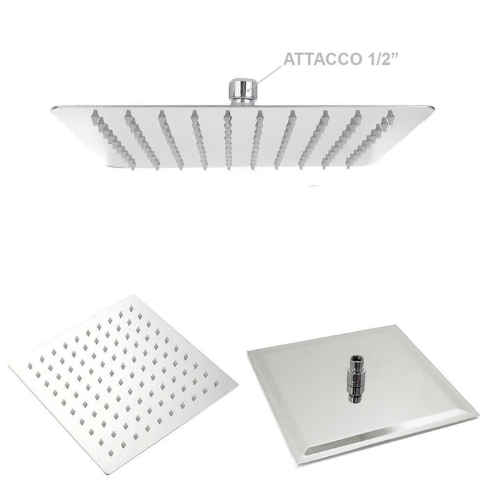 Soffione Doccia Quadro Quadrato Colore Acciaio Cromato Effetto Pioggia Sottile 10cmX10cm