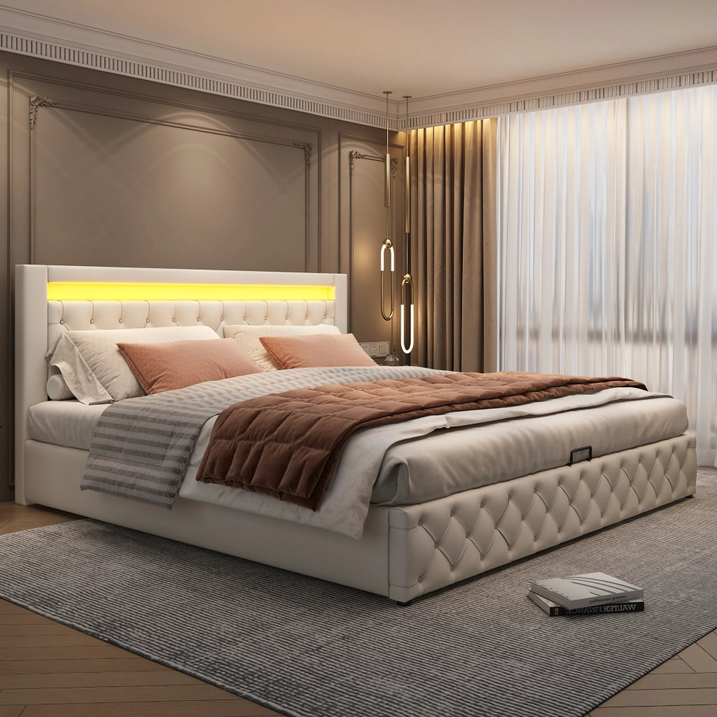 Letto imbottito 180x200 cm in PU bianco con rete a doghe, contenitore, LED e testiera alta
