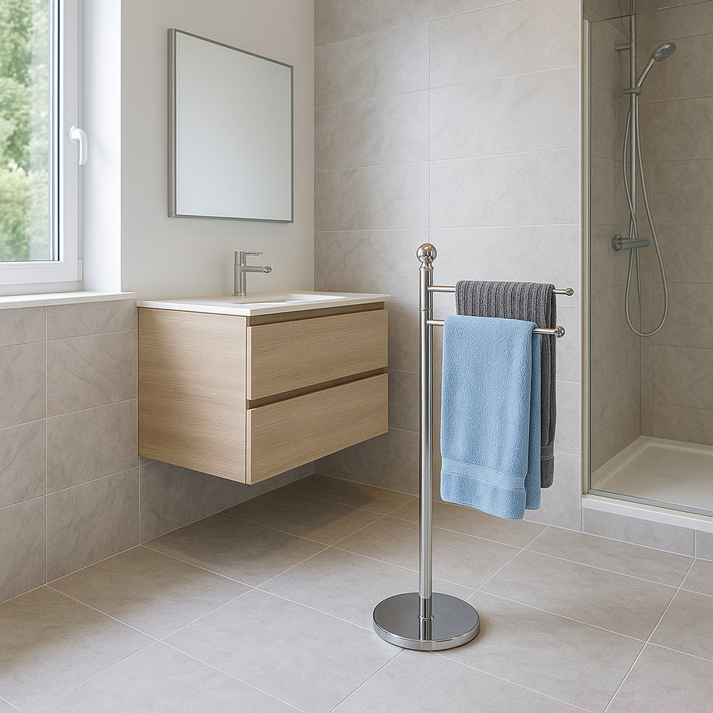 Piantana da Bagno Porta Asciugamani, Acciaio Smaltato Base Tonda 3 Braccia Cromo