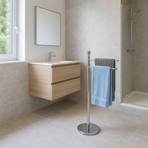 Piantana da Bagno Porta Asciugamani, Acciaio Smaltato Base Tonda 3 Braccia Cromo