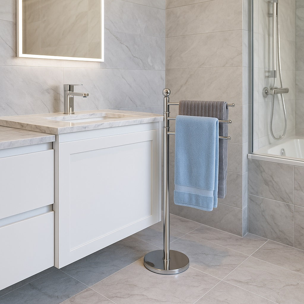 Piantana da Bagno Porta Asciugamani, Acciaio Smaltato Base Tonda 3 Braccia Cromo