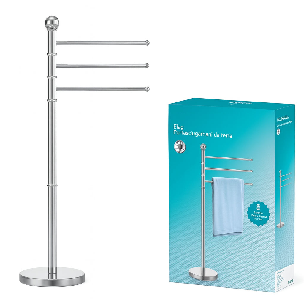 Piantana da Bagno Porta Asciugamani, Acciaio Smaltato Base Tonda 3 Braccia Cromo
