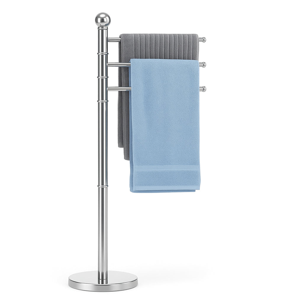 Piantana da Bagno Porta Asciugamani, Acciaio Smaltato Base Tonda 3 Braccia Cromo