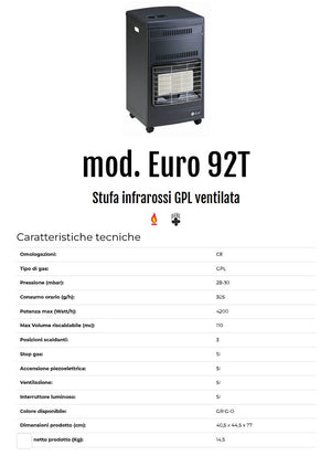 STUFA MOD. EURO 92T TURBO A GAS GPL E INFRAROSSI PER INTERNI