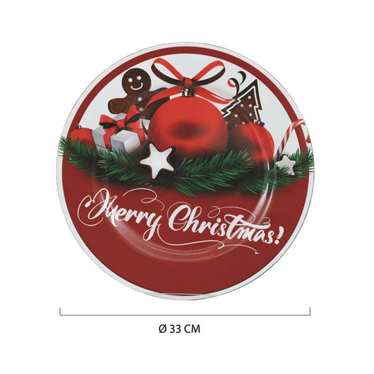 MAURY'S SET 6 PZ PIATTI DI NATALE TONDO IN PLASTICA COLORE ROSSO E BIANCO CON DECORAZIONI NATALIZIE DIMENSIONI Ø 33 CM