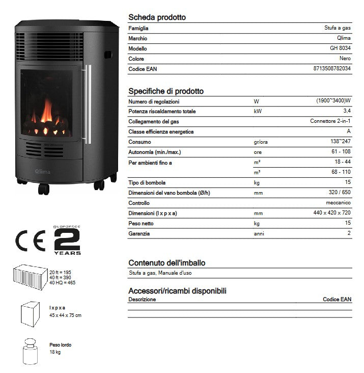 STUFA A GAS QLIMA GH8034 PER INTERNI