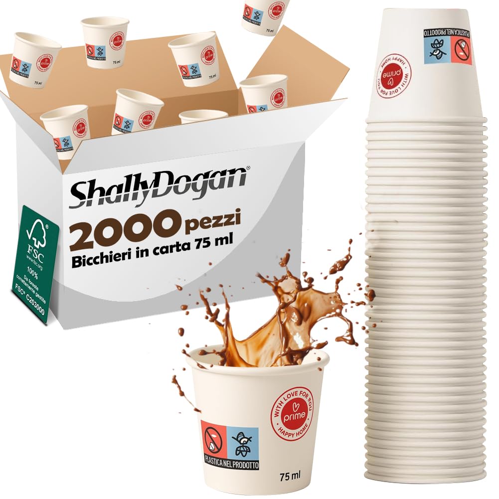 2000 Bicchierini da Caffè Monouso Capacità 75ml Tazzina in Carta Usa e Getta
