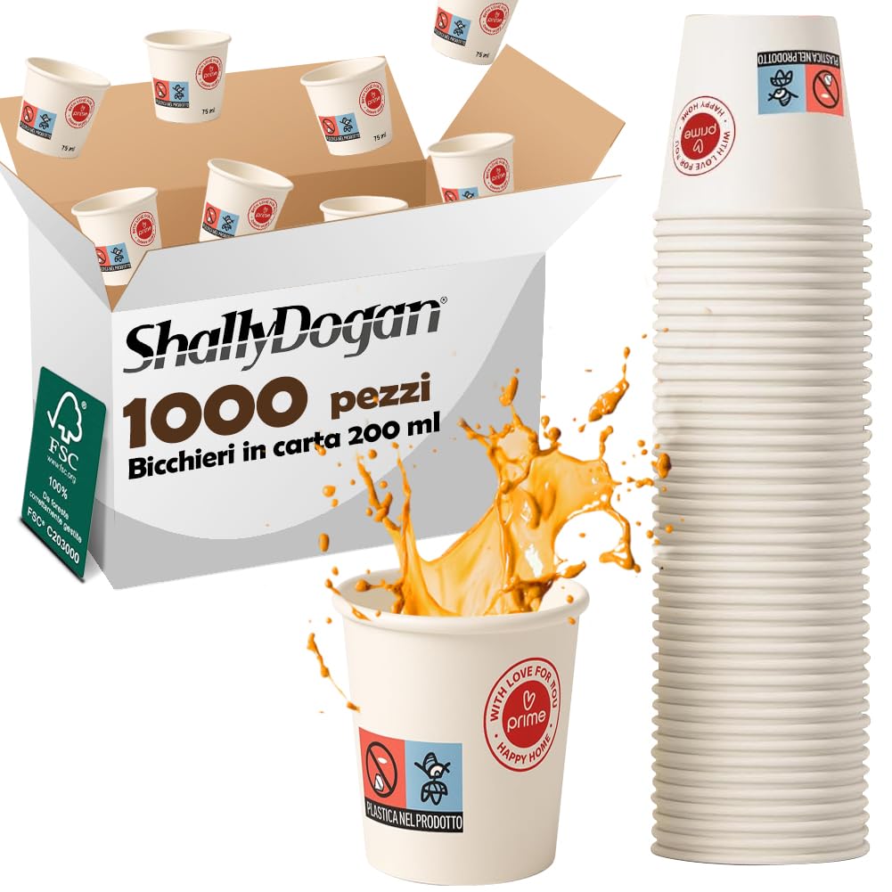 1000 Bicchieri Acqua o Bibita Monouso Capacità 200ml Tazzina in Carta Usa e Getta