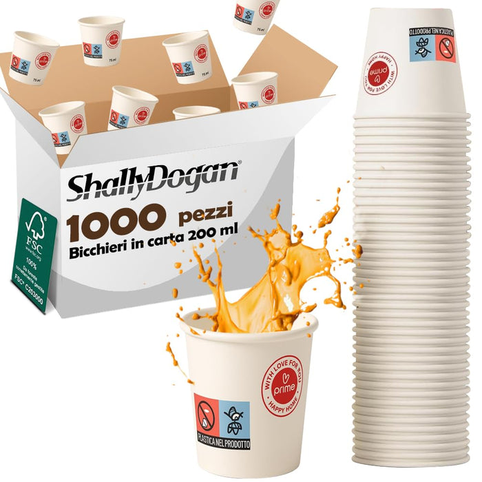 1000 Bicchieri Acqua o Bibita Monouso Capacità 200ml Tazzina in Carta Usa e Getta