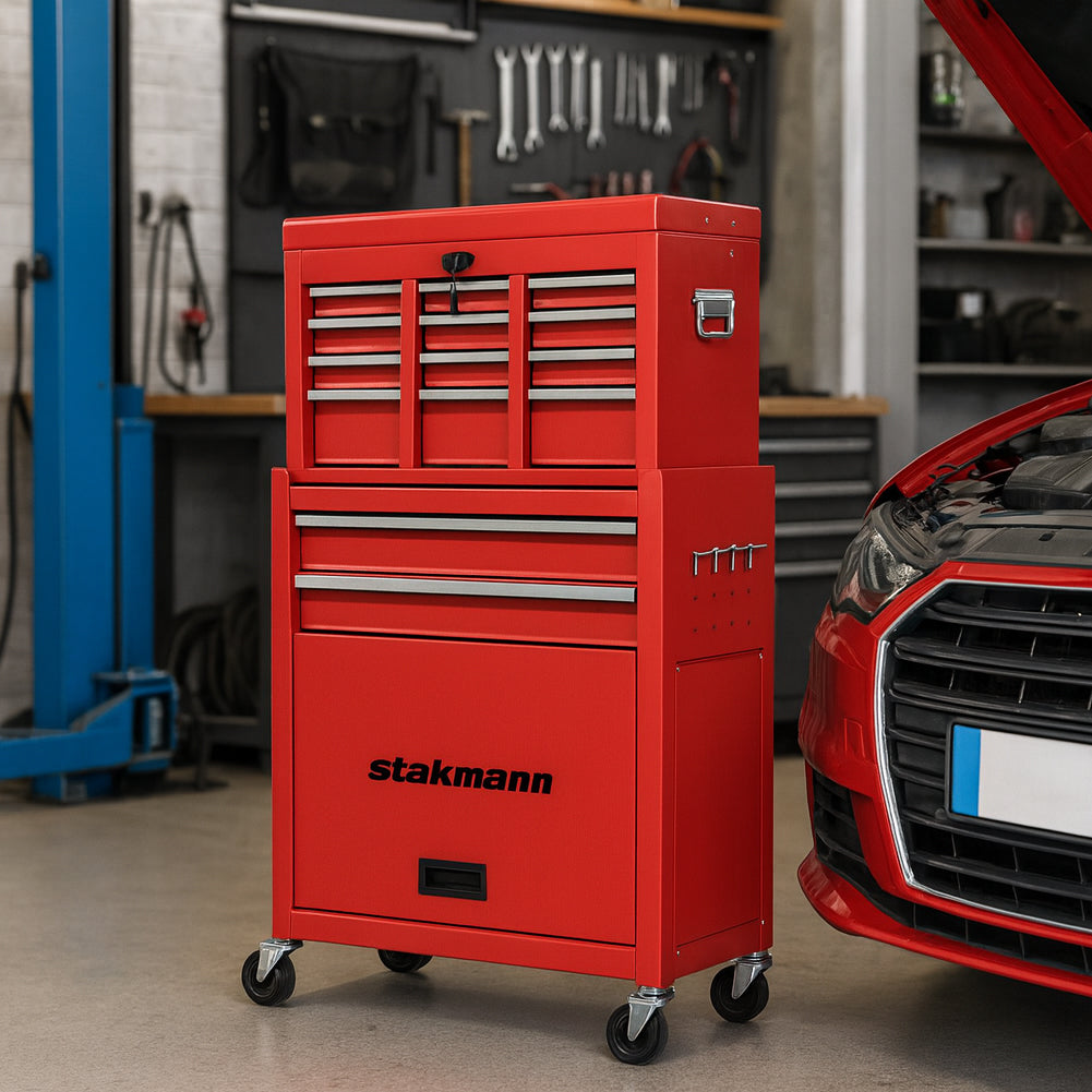 Carrello Portautensili 2in1 8 Cassetti Mobiletto Staccabile per Garage e Officina Rosso