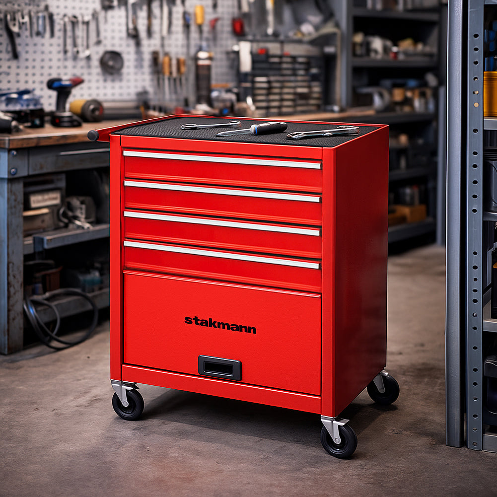 Carrello Portautensili in Acciaio con 4 Cassetti e Vano Porta Attrezzi per Officina Rosso