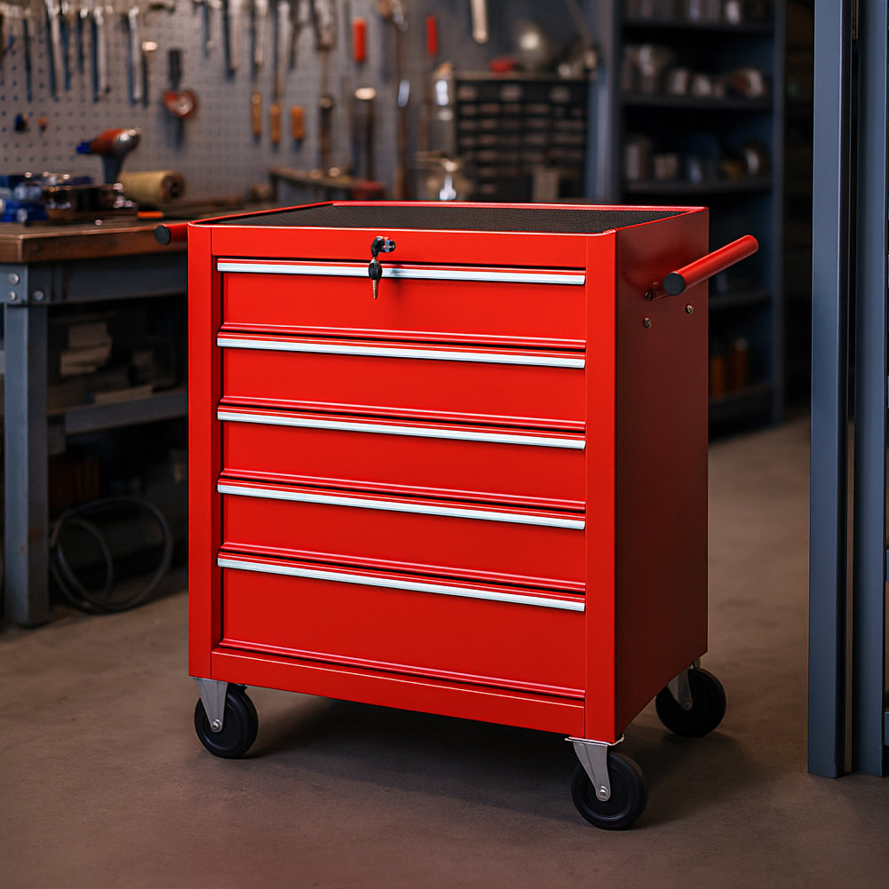 Carrello Portautensili 5 Cassetti Mobiletto con 4 Ruote Maniglia per Garage Officina Rosso