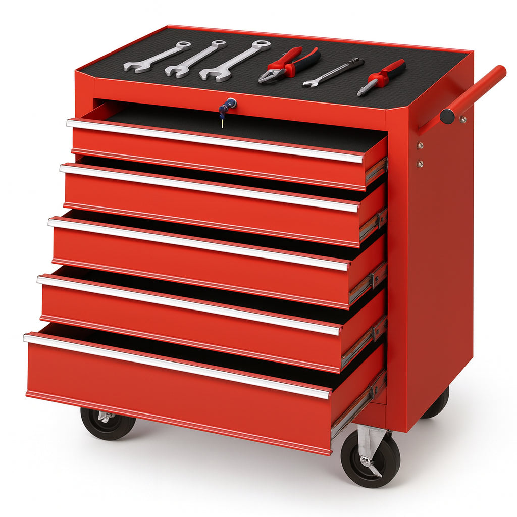 Carrello Portautensili 5 Cassetti Mobiletto con 4 Ruote Maniglia per Garage Officina Rosso