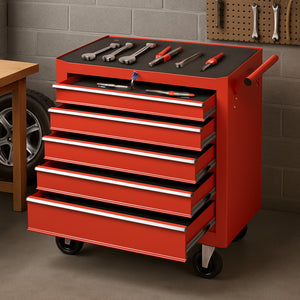 Carrello Portautensili 5 Cassetti Mobiletto con 4 Ruote Maniglia per Garage Officina Rosso