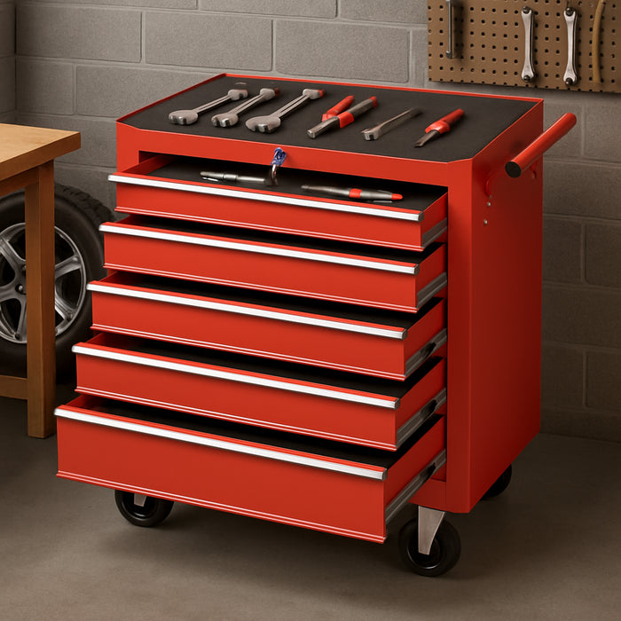 Carrello Portautensili 5 Cassetti Mobiletto con 4 Ruote Maniglia per Garage Officina Rosso