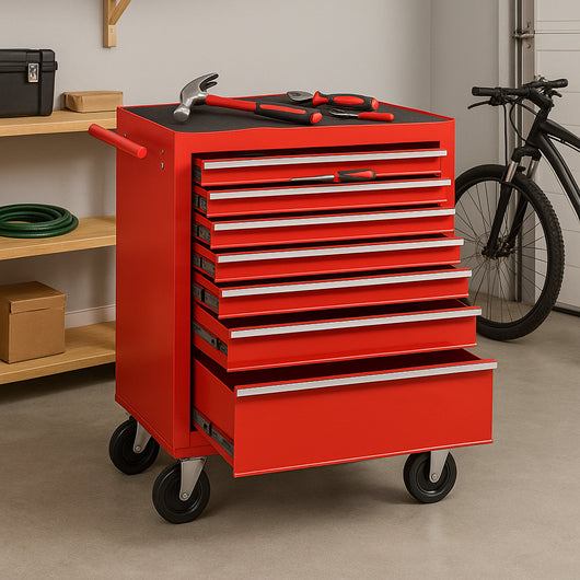Carrello Portautensili 7 Cassetti Mobiletto con 4 Ruote Maniglia per Garage Officina Rosso