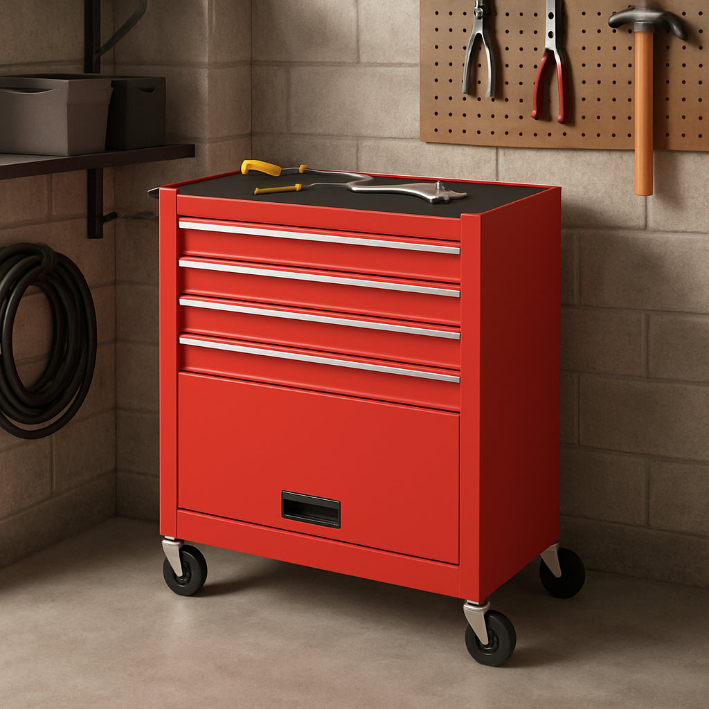 Carrello Portautensili in Acciaio con 4 Cassetti e Vano Porta Attrezzi per Officina Rosso