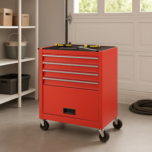 Carrello Portautensili in Acciaio con 4 Cassetti e Vano Porta Attrezzi per Officina Rosso