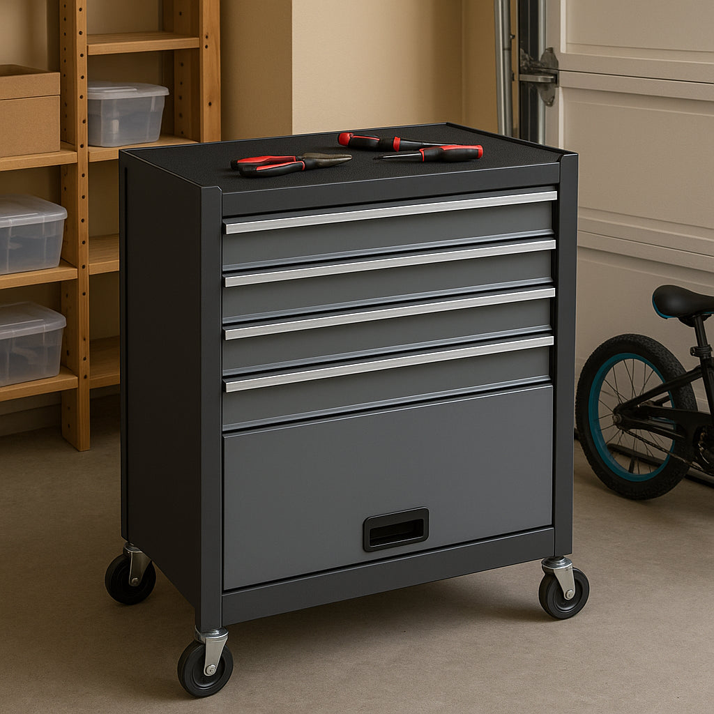 Carrello Portautensili in Acciaio con 4 Cassetti e Vano Porta Attrezzi per Officina Grigio