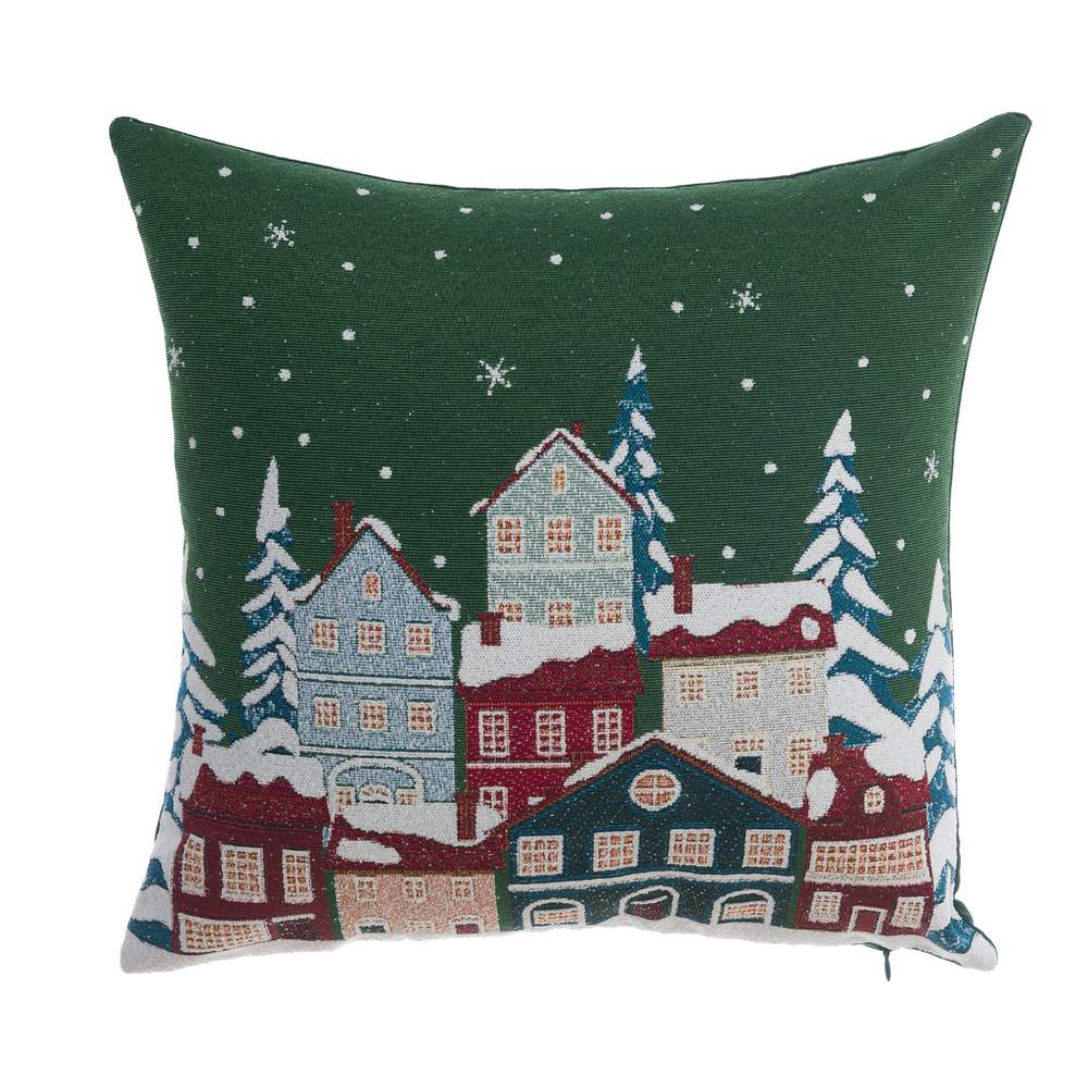 Cuscino Natalizio Verde con Casette Innevate in Jacquard Blanc Mariclò 45x45