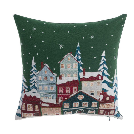 Cuscino Natalizio Verde con Casette Innevate in Jacquard Blanc Mariclò 45x45