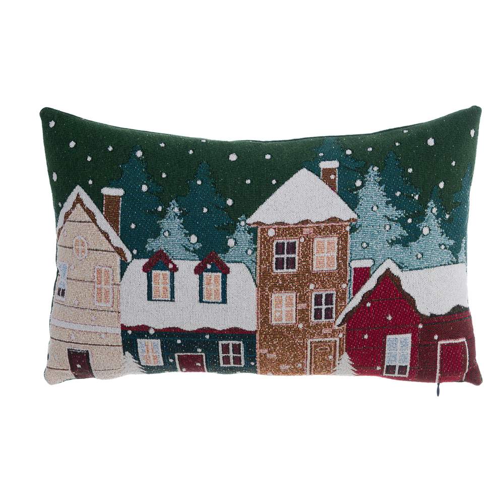Cuscino Natalizio Verde con Casette Innevate in Jacquard Blanc Mariclò 50x30
