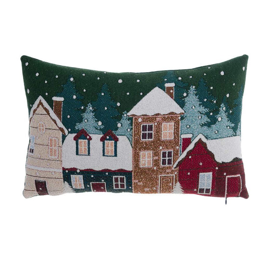 Cuscino Natalizio Verde con Casette Innevate in Jacquard Blanc Mariclò 50x30