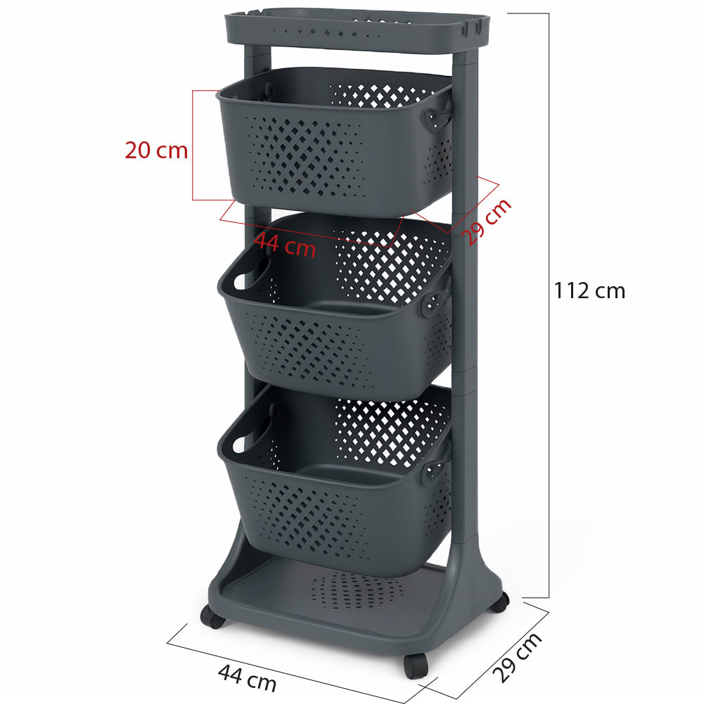 Carrello da Cucina Nero Portafrutta con Cestelli Basculanti in Polipropilene