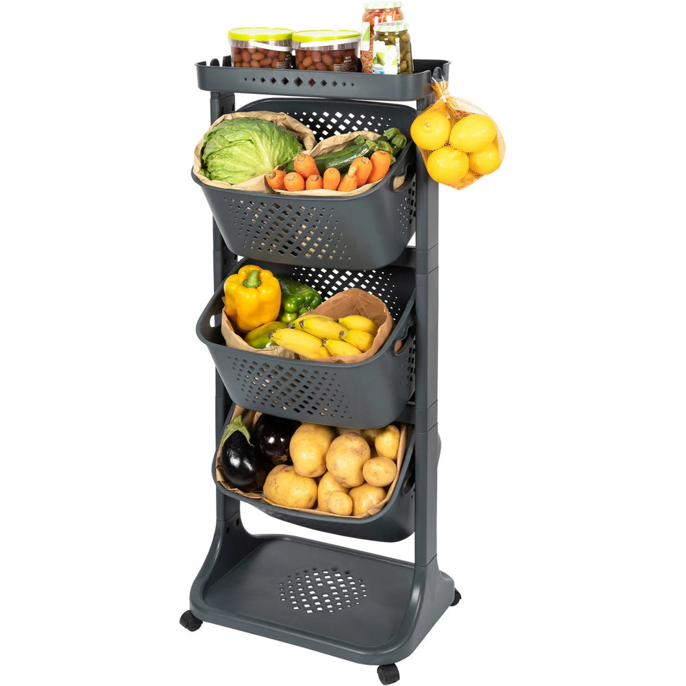 Carrello da Cucina Nero Portafrutta con Cestelli Basculanti in Polipropilene