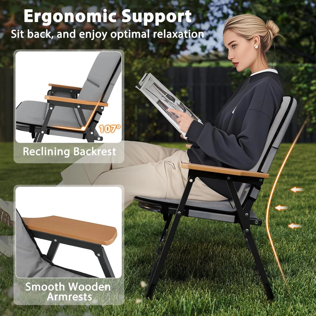 Sedia da Campeggio a 2 Posti, Sedia Pieghevole Imbottita con Tasca Laterale, Schienale Alto e Braccioli, Poltrona da Giardino Portatile con Struttura in Metallo, per Picnic, Pesca, Grigio