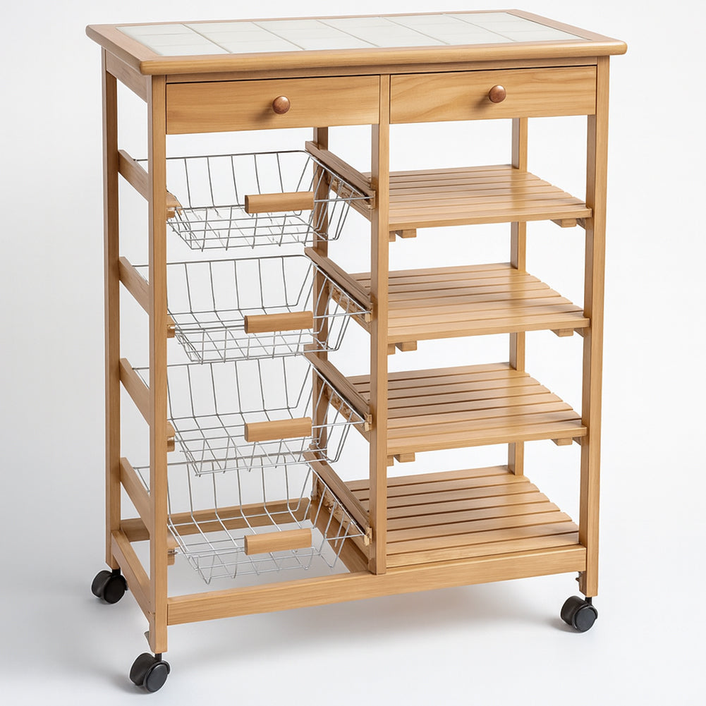 Carrello da Cucina con Top in Ceramica Carrellino in Legno con Cassetti e Ruote