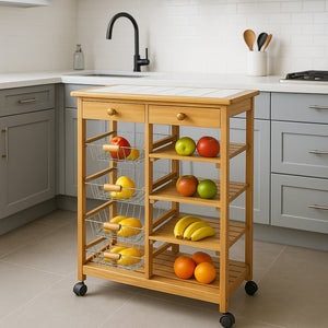 Carrello da Cucina con Top in Ceramica Carrellino in Legno con Cassetti e Ruote