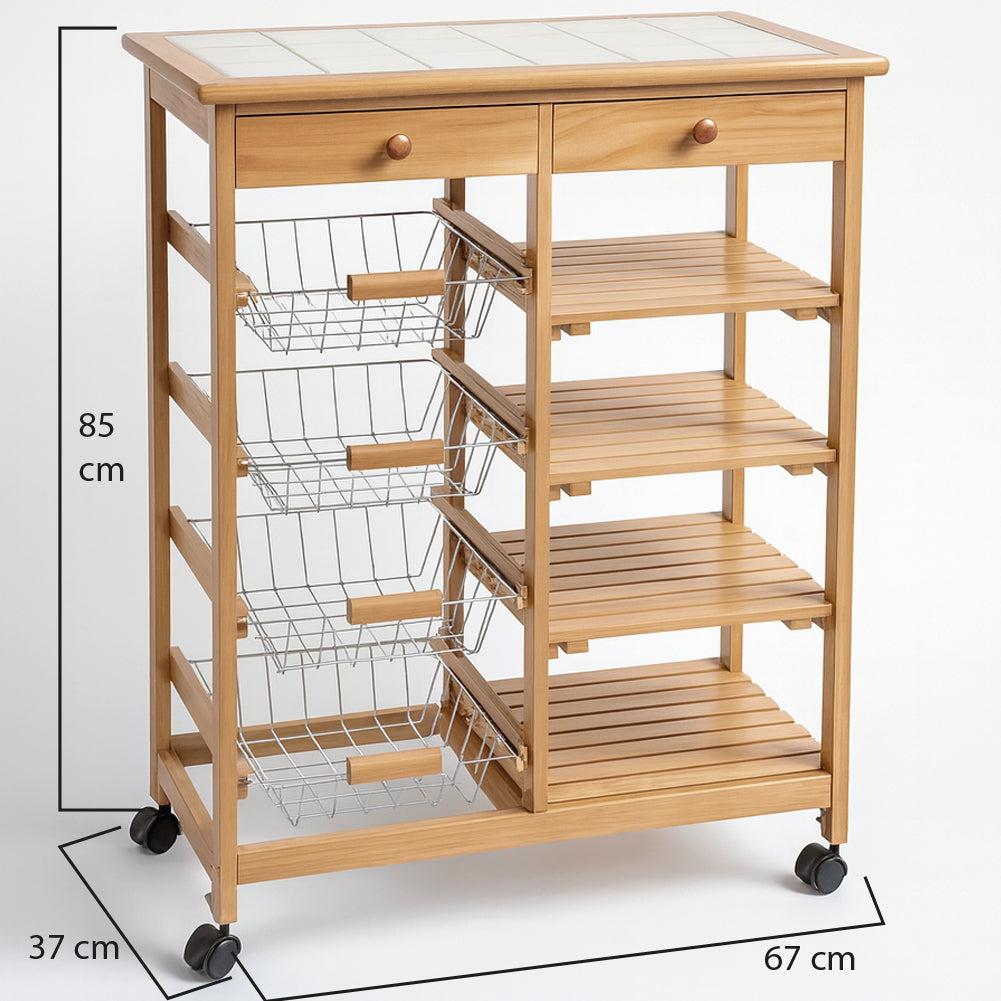Carrello da Cucina con Top in Ceramica Carrellino in Legno con Cassetti e Ruote