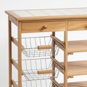 Carrello da Cucina con Top in Ceramica Carrellino in Legno con Cassetti e Ruote