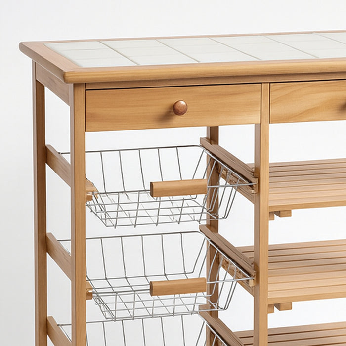 Carrello da Cucina con Top in Ceramica Carrellino in Legno con Cassetti e Ruote