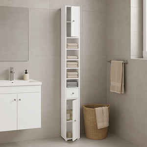 Colonna da Bagno Bianca 20x20 H180 cm Mobile Alto con 2 Ante Cassetto e Ripiani