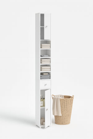 Colonna da Bagno Bianca 20x20 H180 cm Mobile Alto con 2 Ante Cassetto e Ripiani