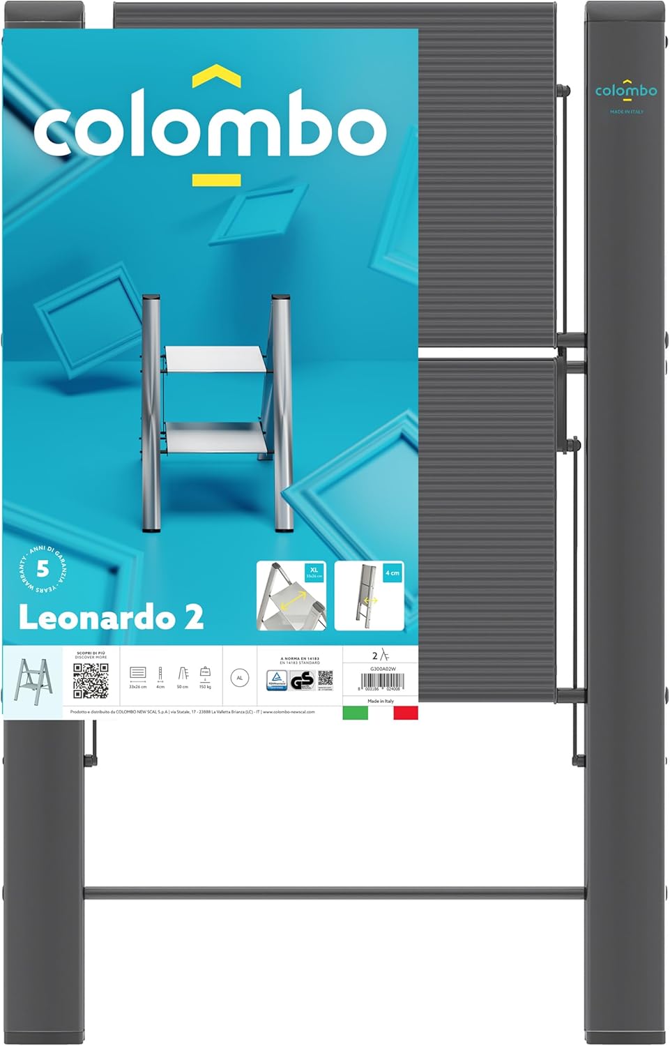 Scala Sgabello a 2 gradini salvaspazio in alluminio NERO mod. LEONARDO 2 COLOMBO