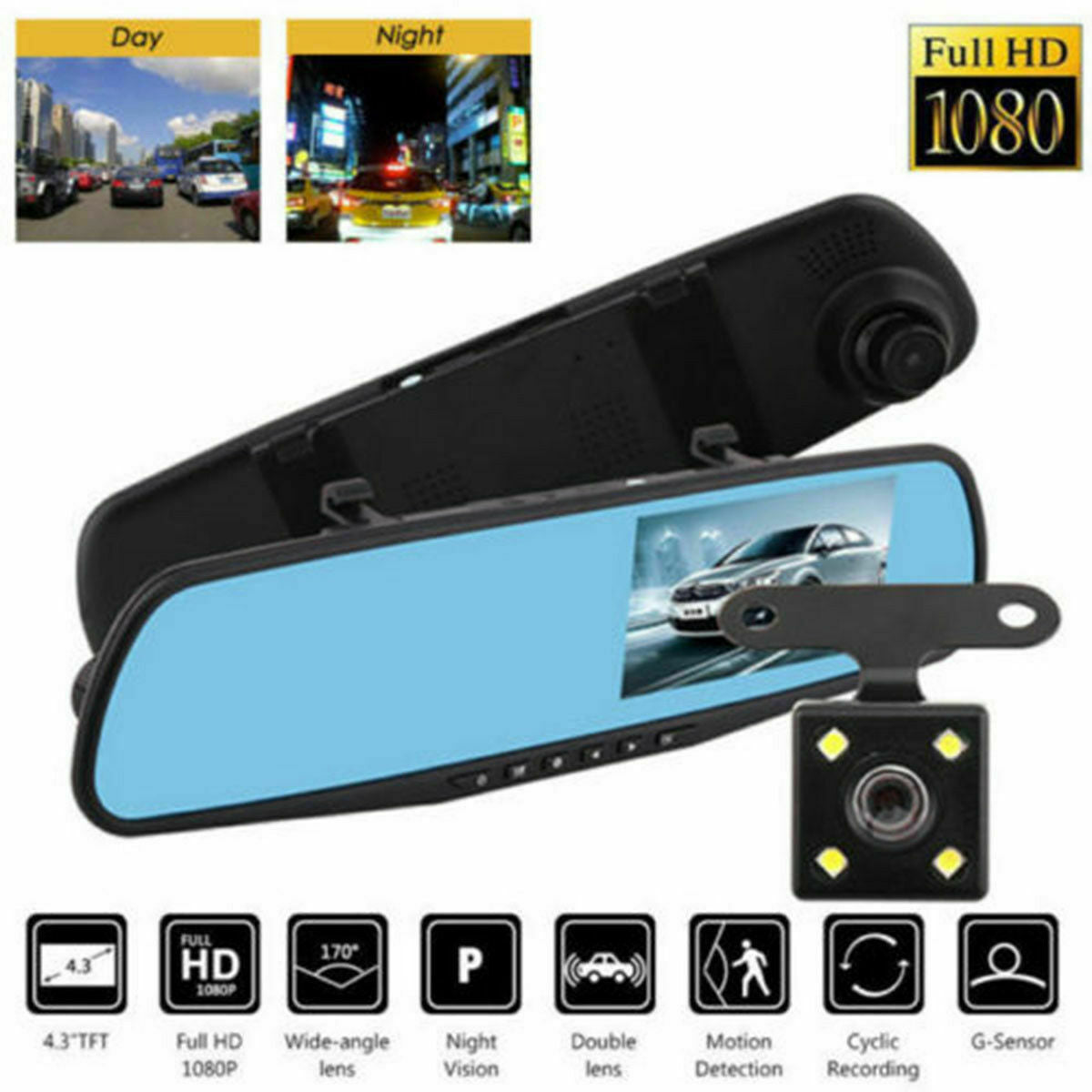 SPECCHIETTO CON MONITOR DVR RETROMARCIA 2 TELECAMERE RETROVISORE 4 LED AUTO SUV