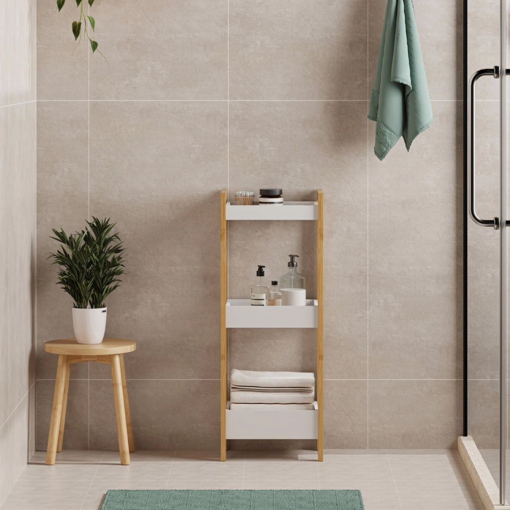 Scaffale da Terra Anun in Bambù Mobile da Bagno con 3 Cestini 78 x 80 x 40 cm - Color Naturale / Bianco [en.casa]