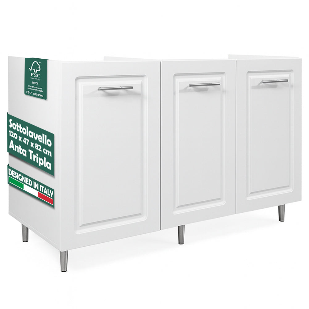 Mobile Sottolavello Cucina Componibile in Legno Boiserie Colore Bianco 3 Ante