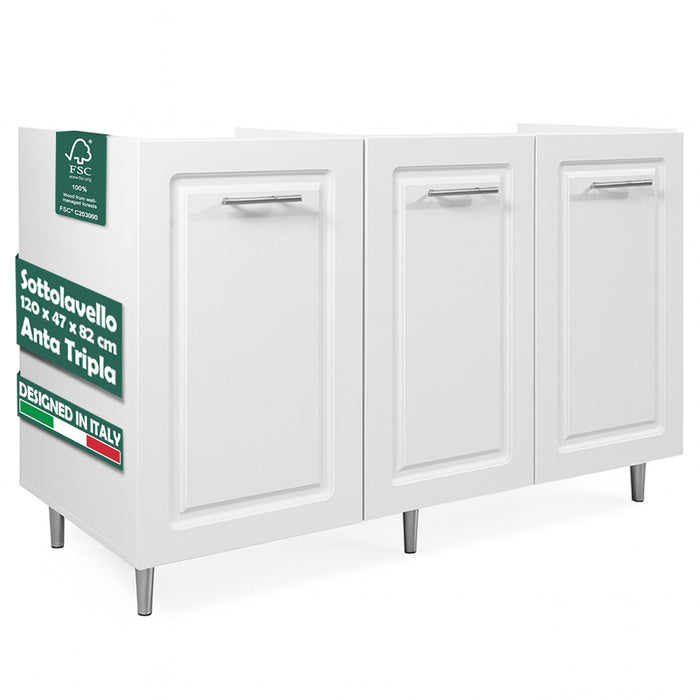 Mobile Sottolavello Cucina Componibile in Legno Boiserie Colore Bianco 3 Ante