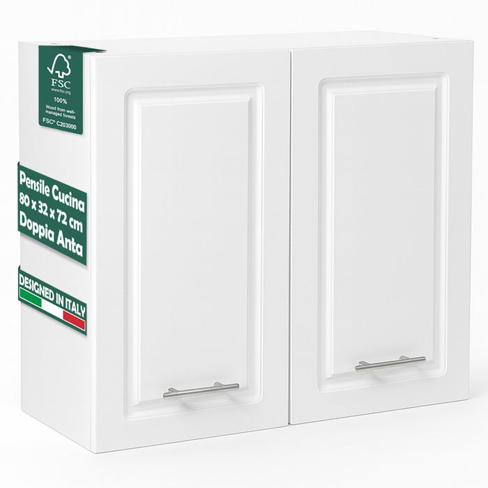 Pensile da Cucina Armadio Sospeso da Parete Doppia Anta Boiserie Colore Bianco