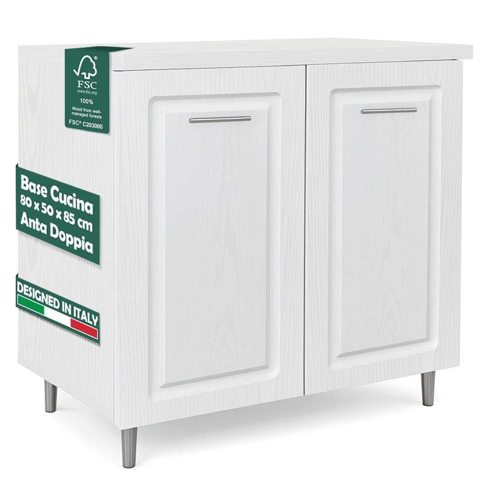 Mobile Base per Cucina Componibile Legno Boiserie Bianco Frassinato con 2 Ante